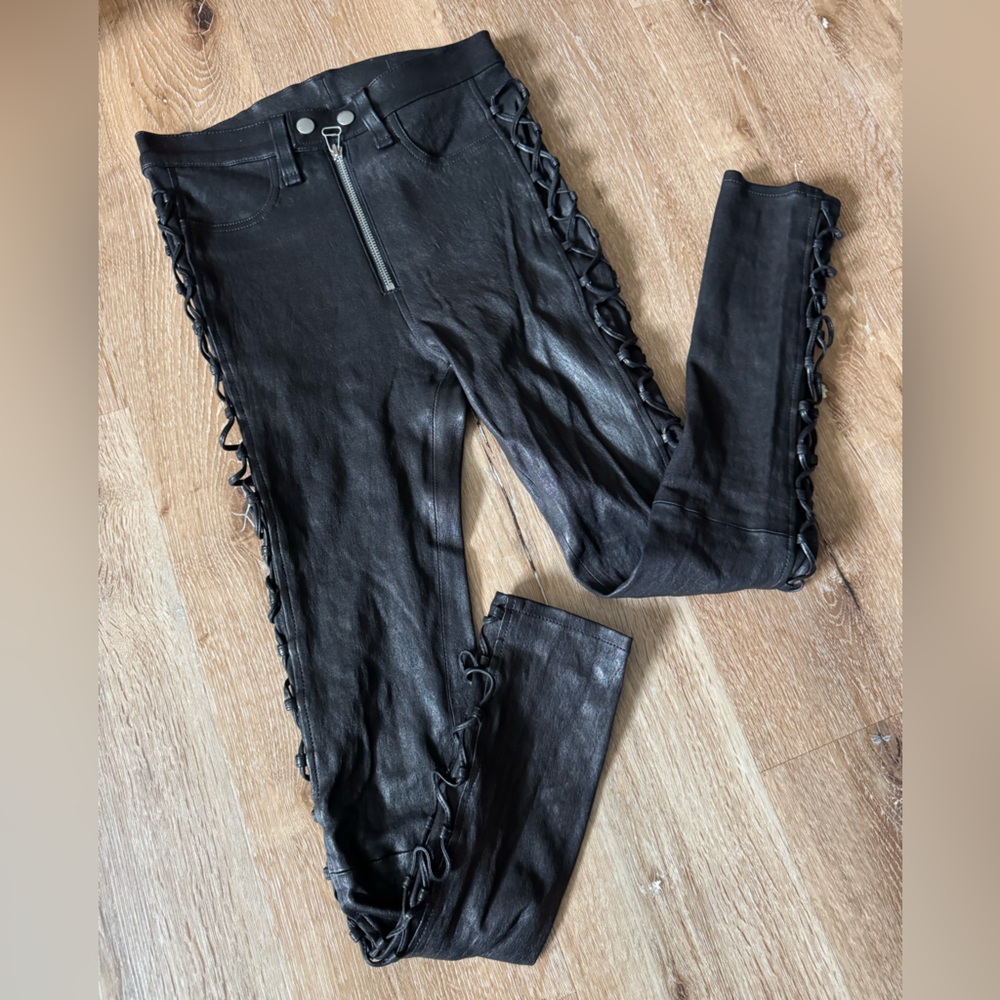 Rag & Bone Kiku high rise‎ Lamb Leather Black Lace-Up Skinny Pants size 25 - Picture 4 of 12